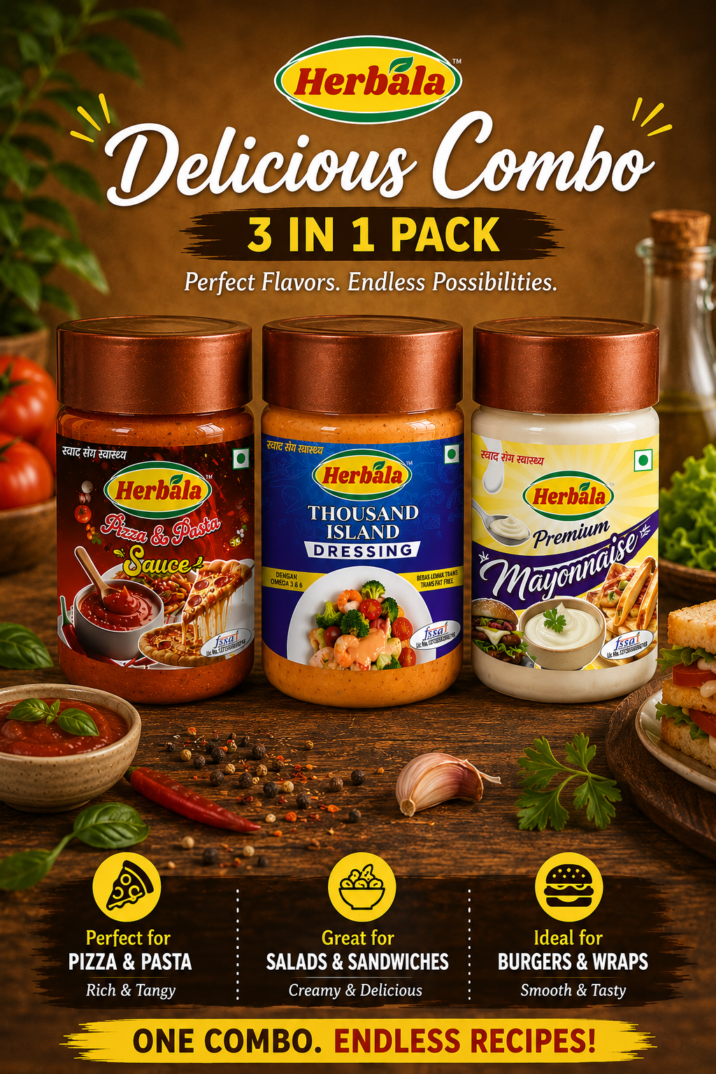 Herbala Ultimate Sauce Combo – Pizza & Pasta Sauce, Thousand Island Dressing & Premium Mayonnaise (275g Each)