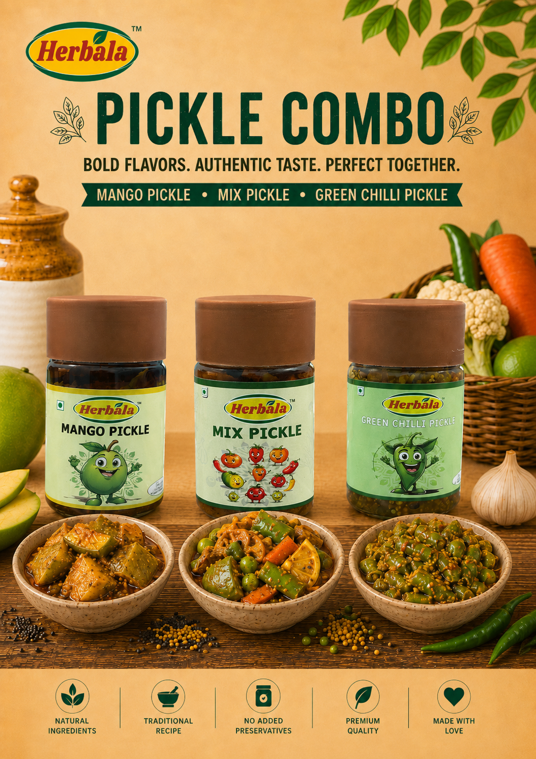 Combo Of Mango Pickle, Mix Pickle And Green Chilli Pickle 275gm